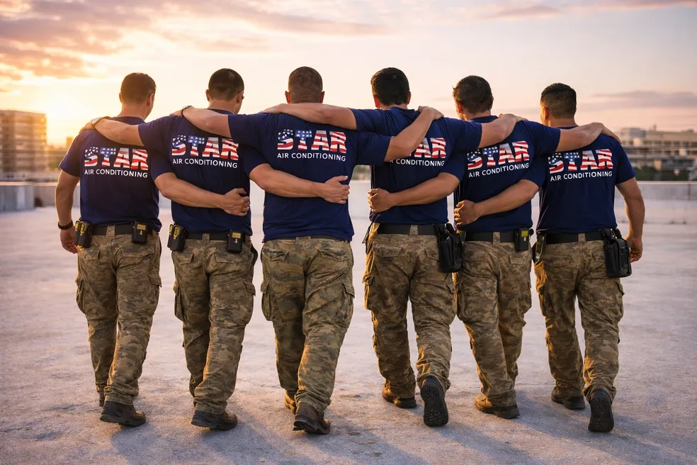 Star Air HVAC crew with arms around each other on a Central Florida rooftop at sunset